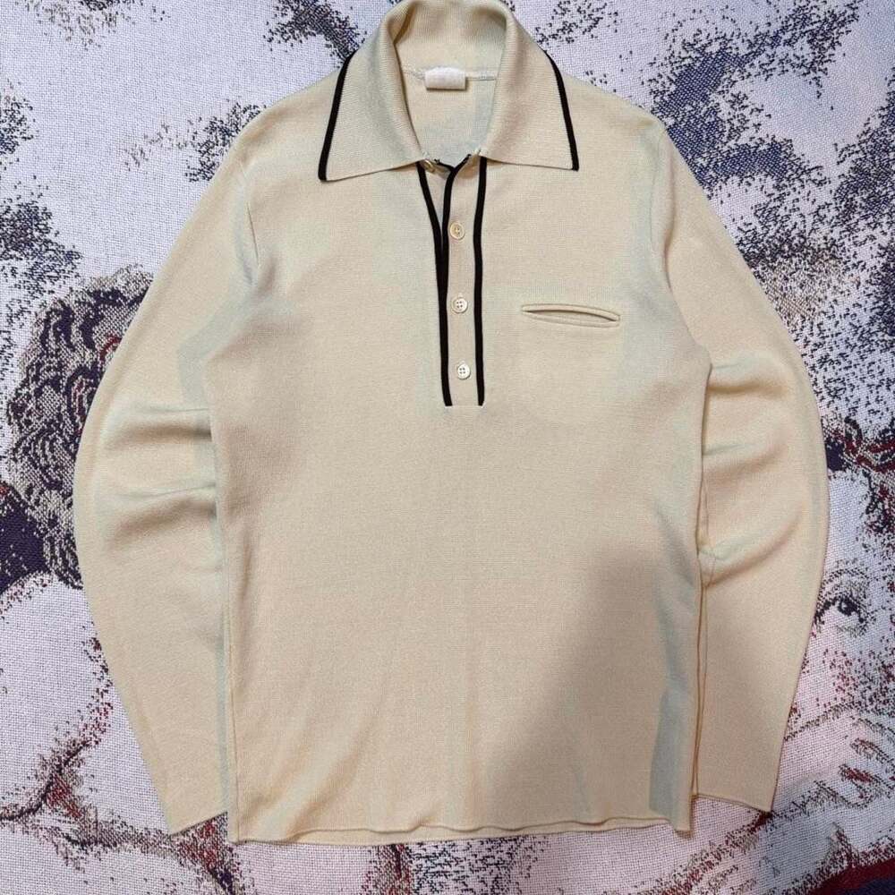 Vintage Caldwell Knit Longsleeve Polo Shirt XL Cream Black Trim